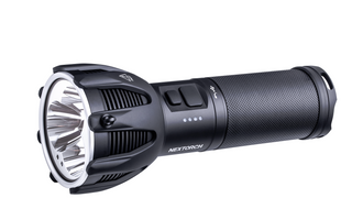 Image of black flashlight that has two side buttons. On brand for NEXTORCH flashlights