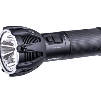 Image of black flashlight that has two side buttons. On brand for NEXTORCH flashlights