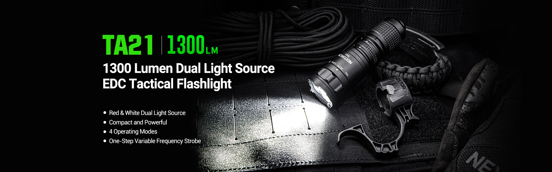 A tactical flashlight labeled TA21 1300L is shown in a dark outdoor-style setting with a paracord rope and a knife, with text describing it as a 1300 Lumen Dual Light Source EDC Tactical Flashlight.
