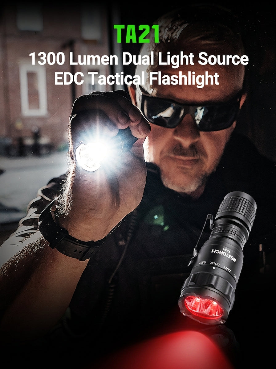 A tactical flashlight is shown in a dark outdoor setting with a man wearing sunglasses and holding another flashlight. The product flashlight in the foreground has a black body with a red illuminated rear light.